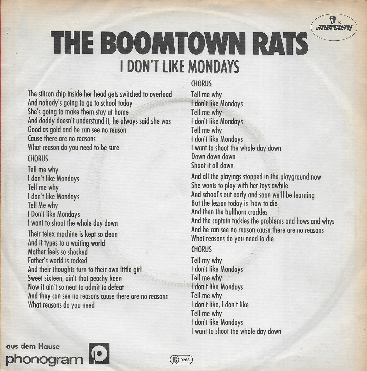 Boomtown Rats - I don't like mondays (Duitse uitgave)