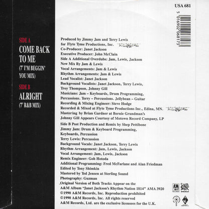 Janet Jackson - Come back to me / Alright (Engelse uitgave)