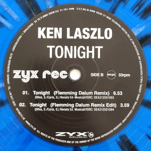 Ken Laszlo - Tonight (Limited blue & black splatter vinyl) (12" Maxi Single)