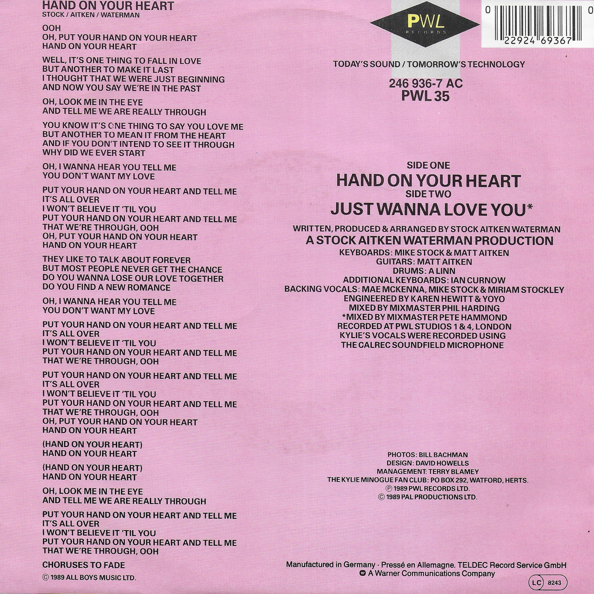 Kylie Minogue - Hand on your heart (Duitse uitgave)