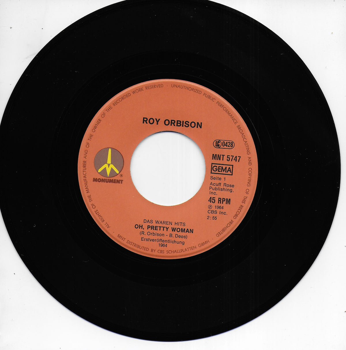 Roy Orbison - Oh pretty woman / It's over (Duitse uitgave)