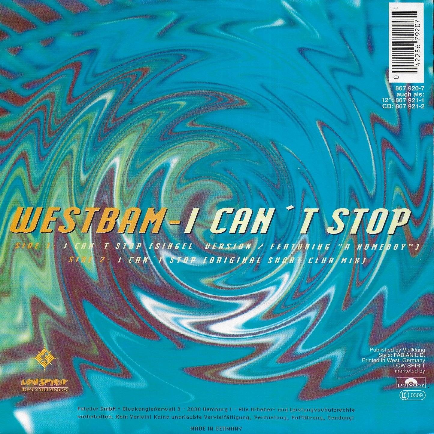 Westbam - I can't stop (Duitse uitgave)