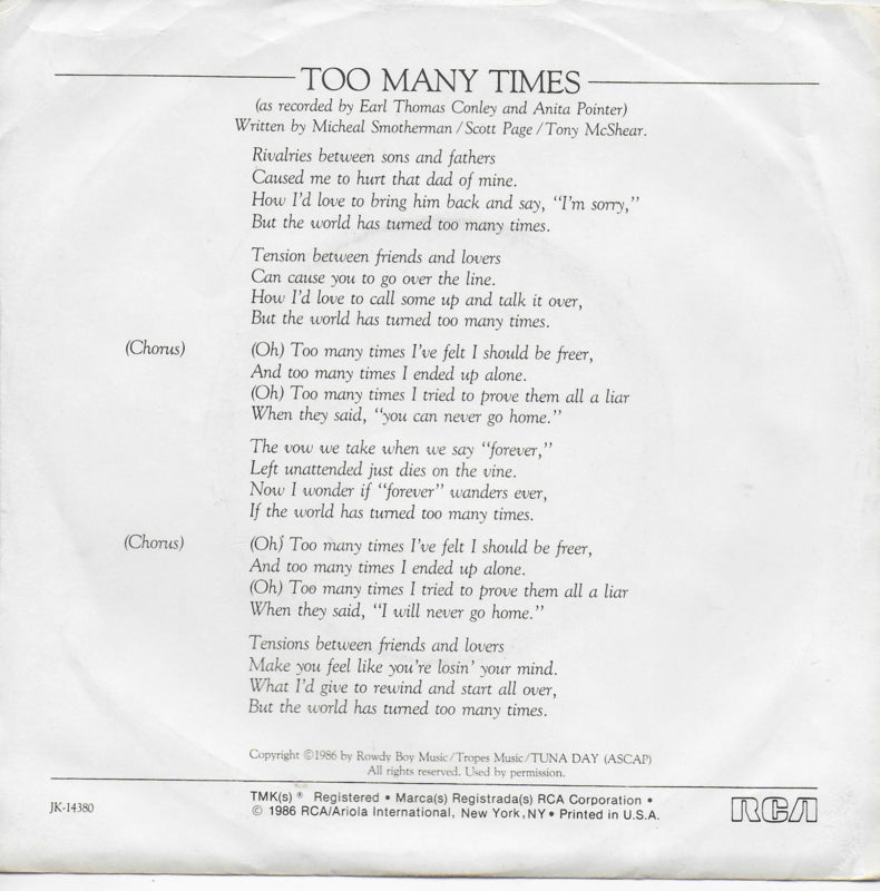 Earl Thomas Conley & Anita Pointer - Too many times (Amerikaanse promo)
