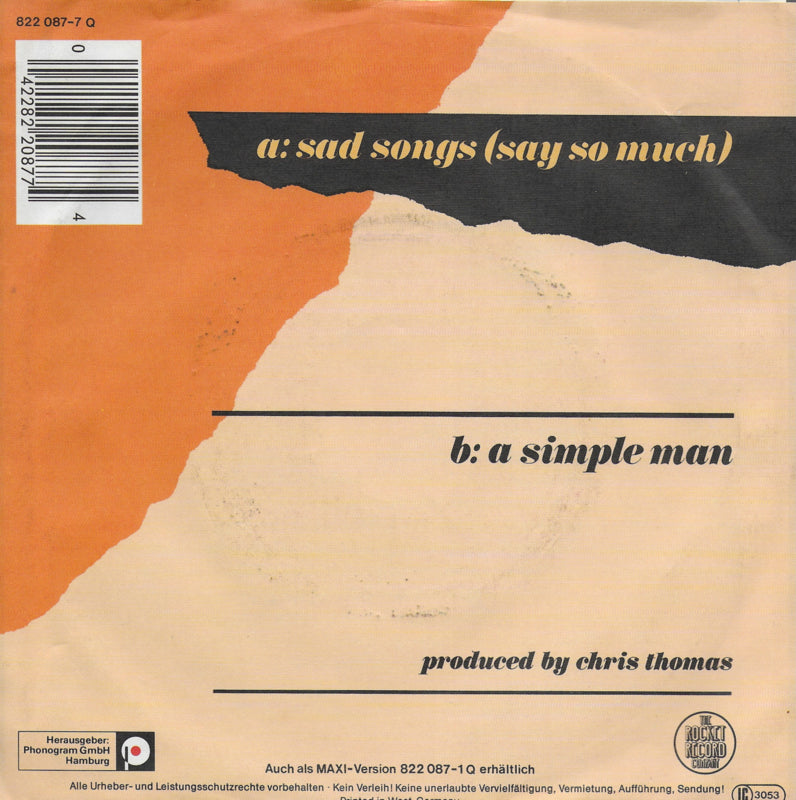 Elton John - Sad songs (say so much) (Duitse uitgave)