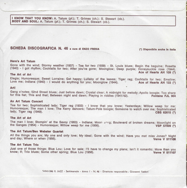 Art Tatum - I know that you know (Italiaanse uitgave)