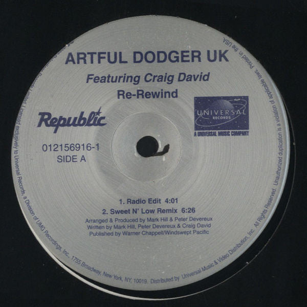 Artful Dodger UK feat. Craig David - Re-rewind (12" Maxi Single)