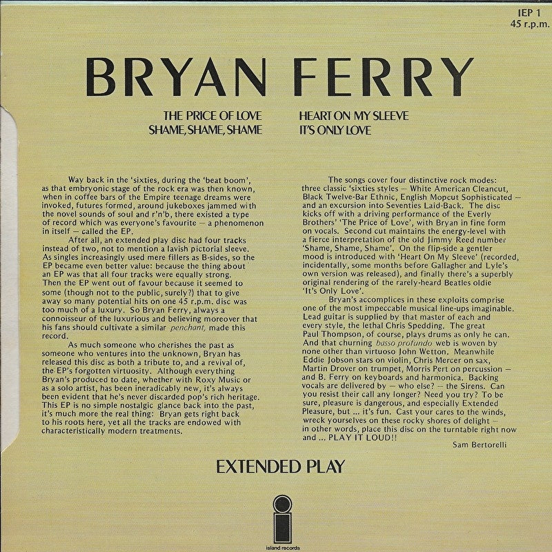 Bryan Ferry - The price of love (extended play)