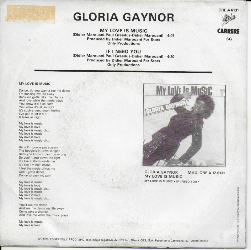 Gloria Gaynor - My love is music (Spaanse uitgave)