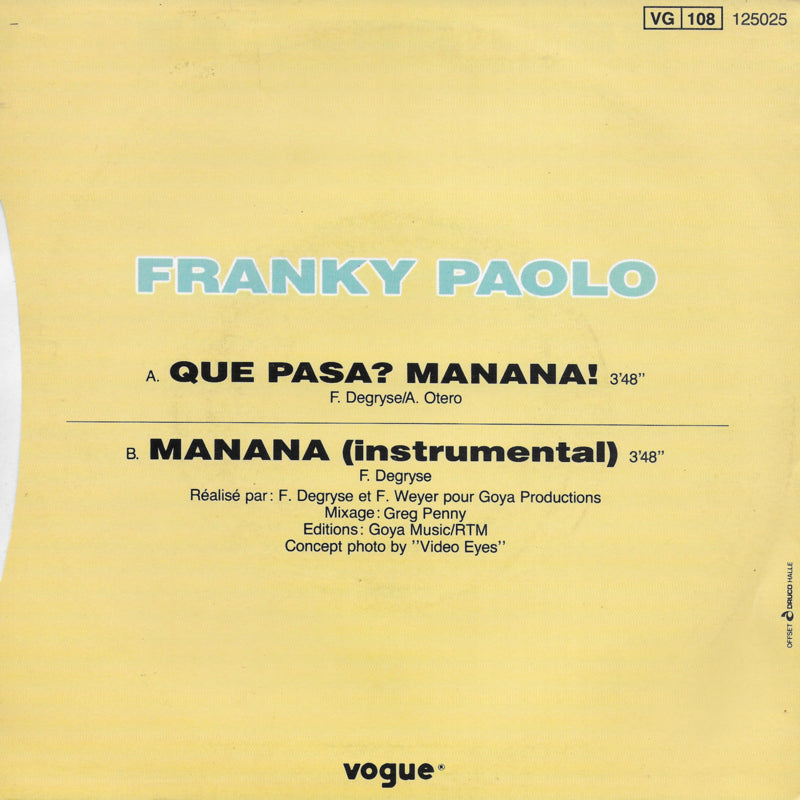 Franky Paolo - Que pasa? Manana! (Belgische uitgave)