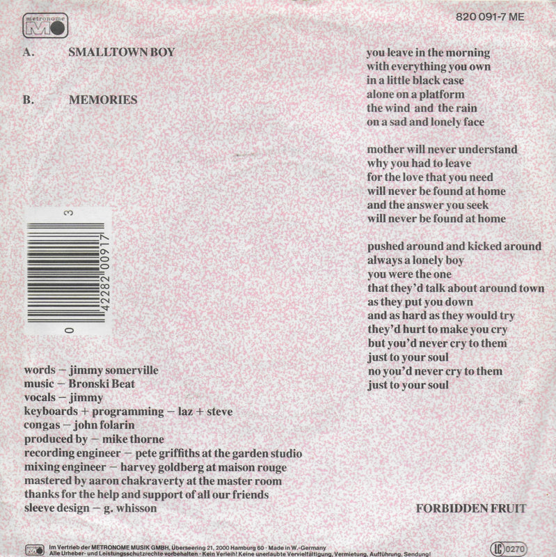 Bronski Beat - Smalltown boy (Duitse uitgave)